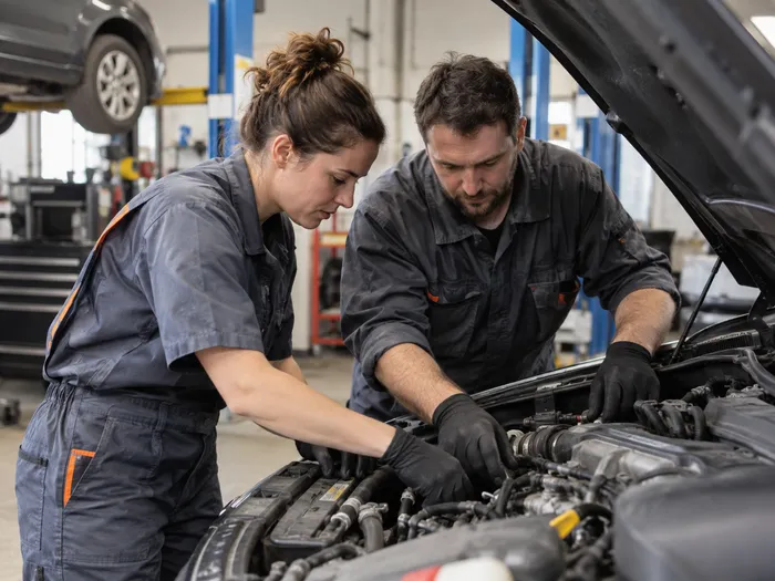 Zwei Techniker bei der gemeinsamen Motorinspektion in der Werkstatt